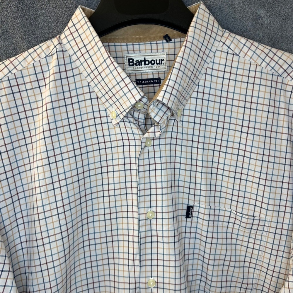 Barbour Mens XL Tailored Fit Tattersall Check Button Down Shirt White Blue Tan